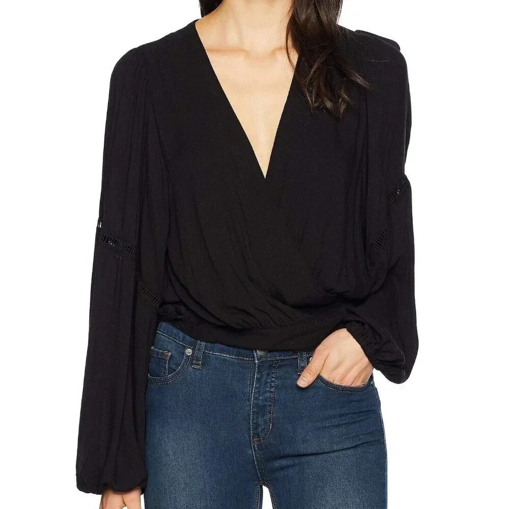 FREE People Black Dream Girl Wrap Puff Sleeve Tie Crop Blouse Size XS